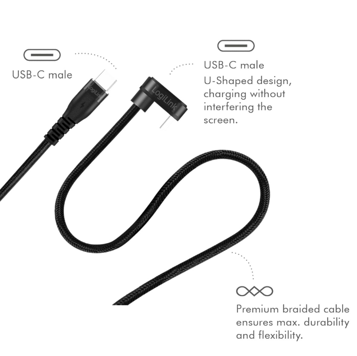 CU0190 USB 2.0 Type-C-Kabel, C/M 180° zu USB-C/M, Alu, schwarz, 1 m 4