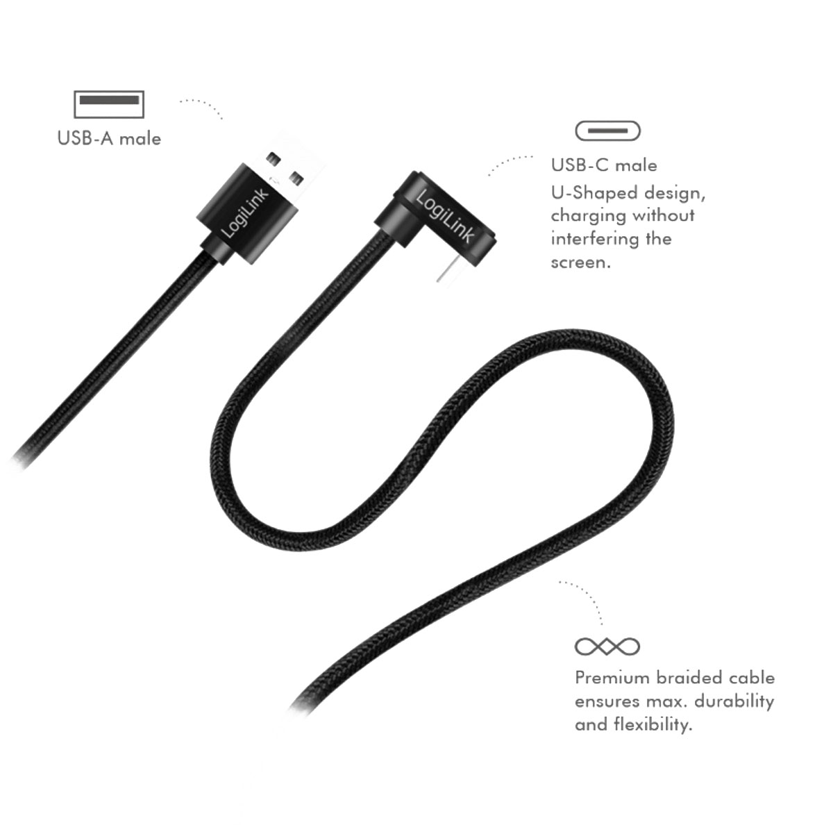 CU0192 USB 2.0 Type-C-Kabel, C/M 180° zu USB-A/M, Alu, schwarz, 1 m 4